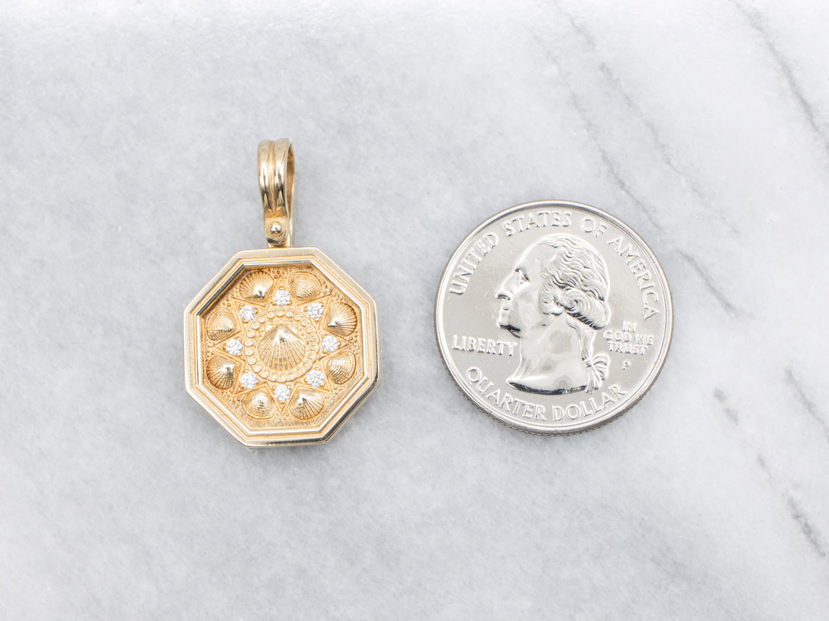 Polished Gold and Diamond Seashell Pattern Pendant