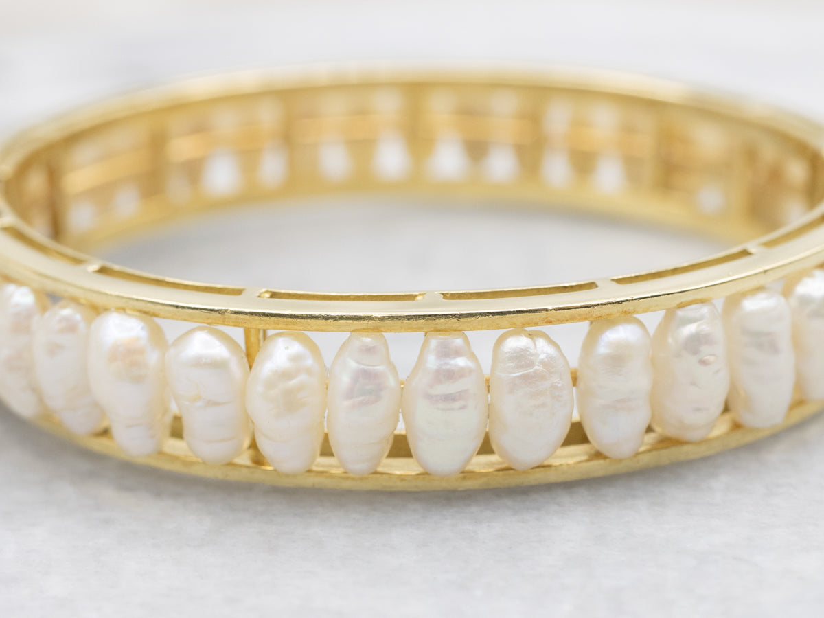 Gold and Pearl Hinged Oval Bangle Bracelet