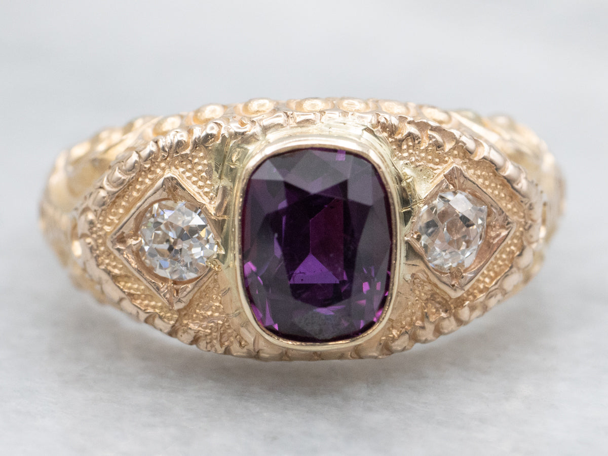 Antique Purple Sapphire and Old Mine Cut Diamond Ring