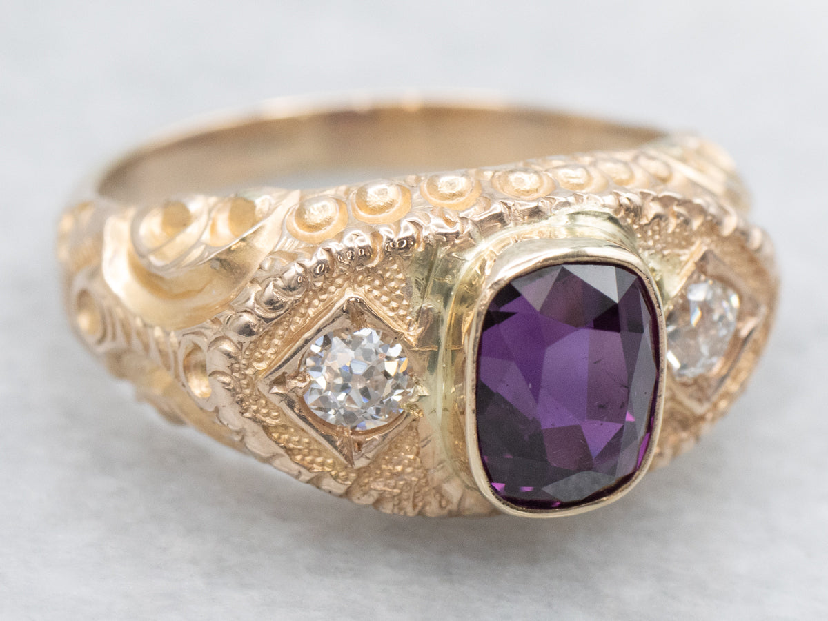 Antique Purple Sapphire and Old Mine Cut Diamond Ring
