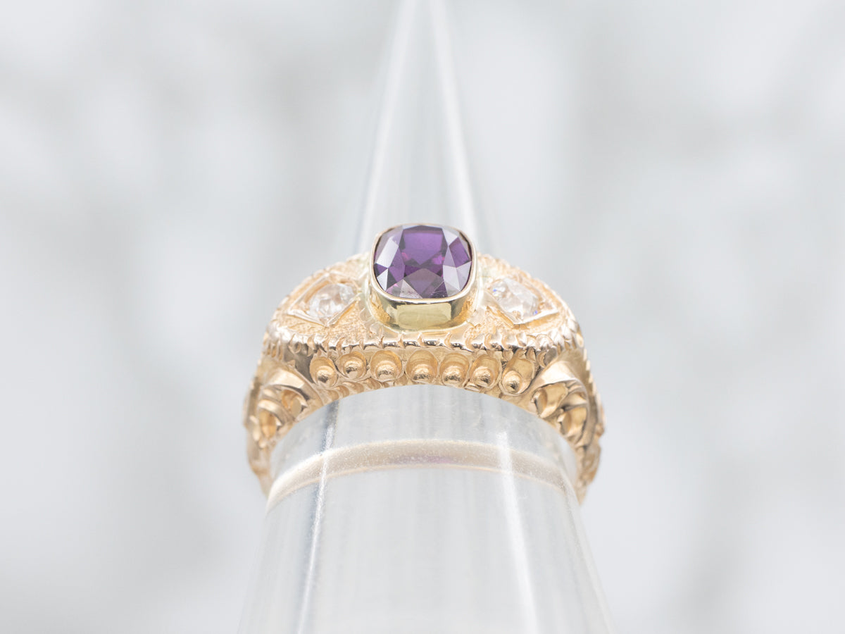 Antique Purple Sapphire and Old Mine Cut Diamond Ring