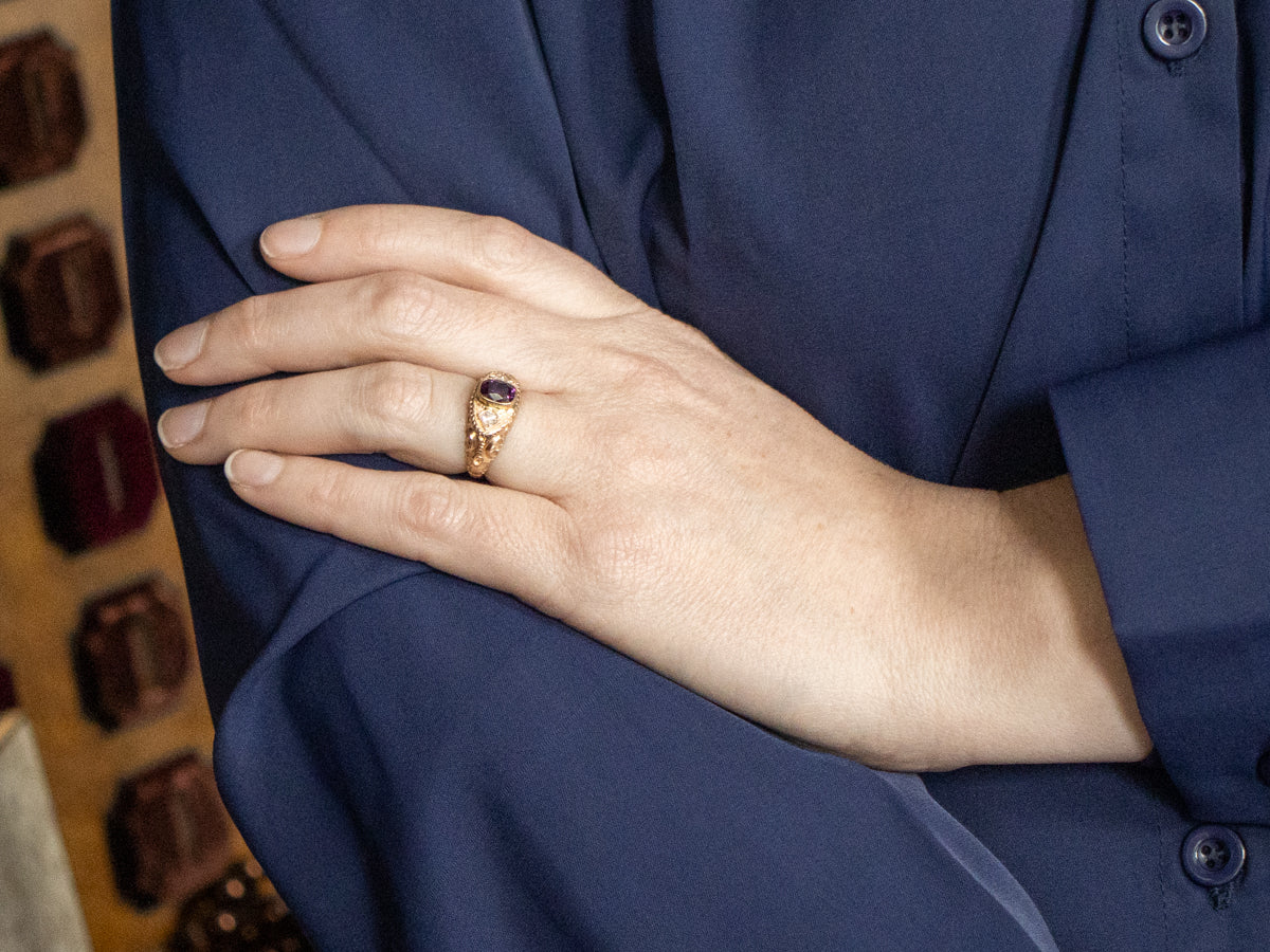 Antique Purple Sapphire and Old Mine Cut Diamond Ring