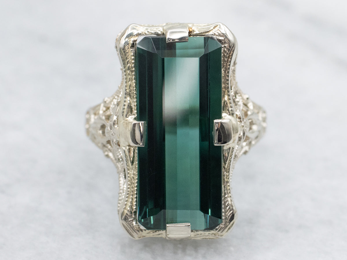 Blue-Green Tourmaline Solitaire in Art Deco Filigree Setting