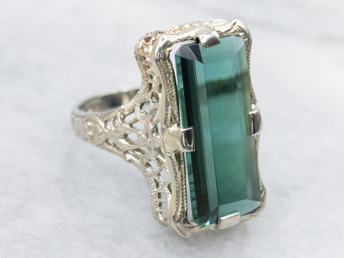 Blue-Green Tourmaline Solitaire in Art Deco Filigree Setting
