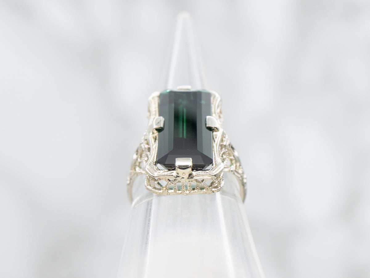 Blue-Green Tourmaline Solitaire in Art Deco Filigree Setting
