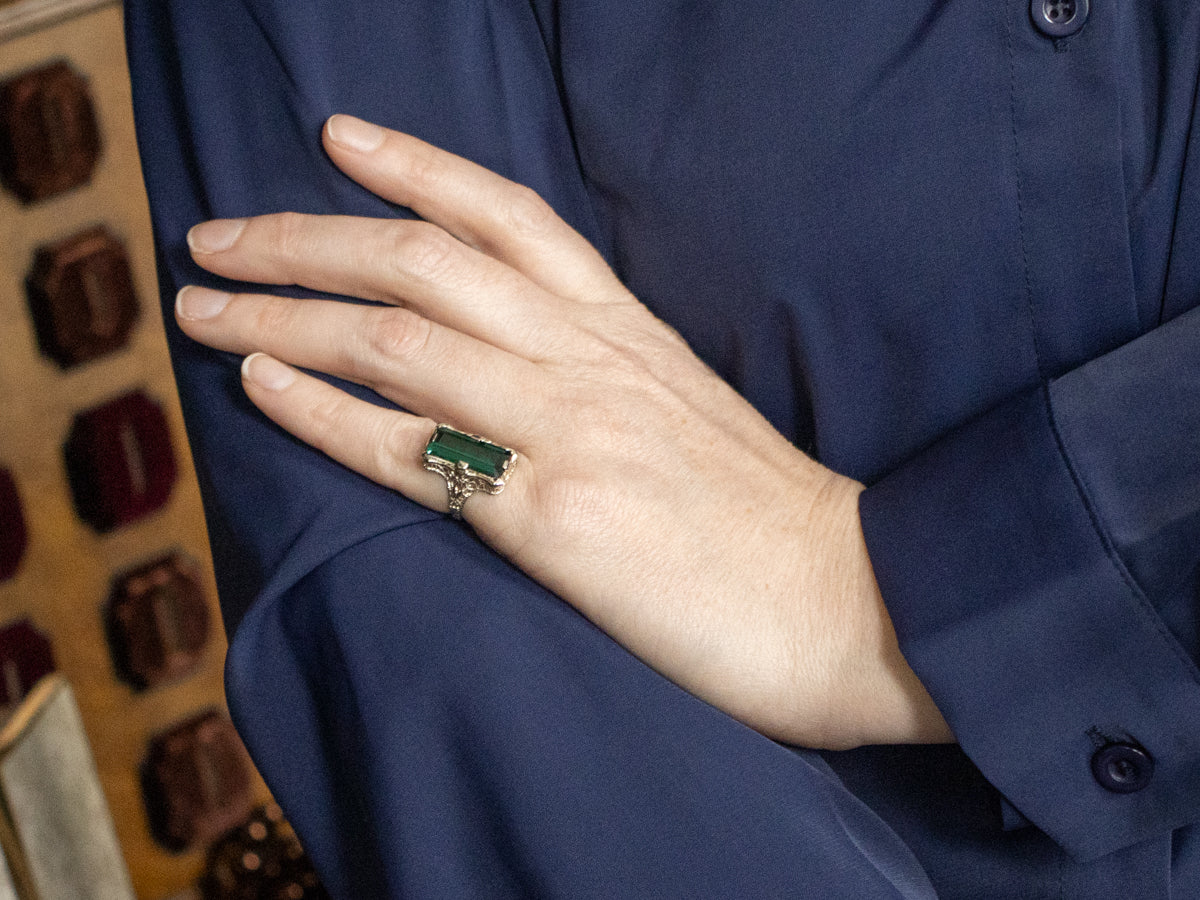 Blue-Green Tourmaline Solitaire in Art Deco Filigree Setting