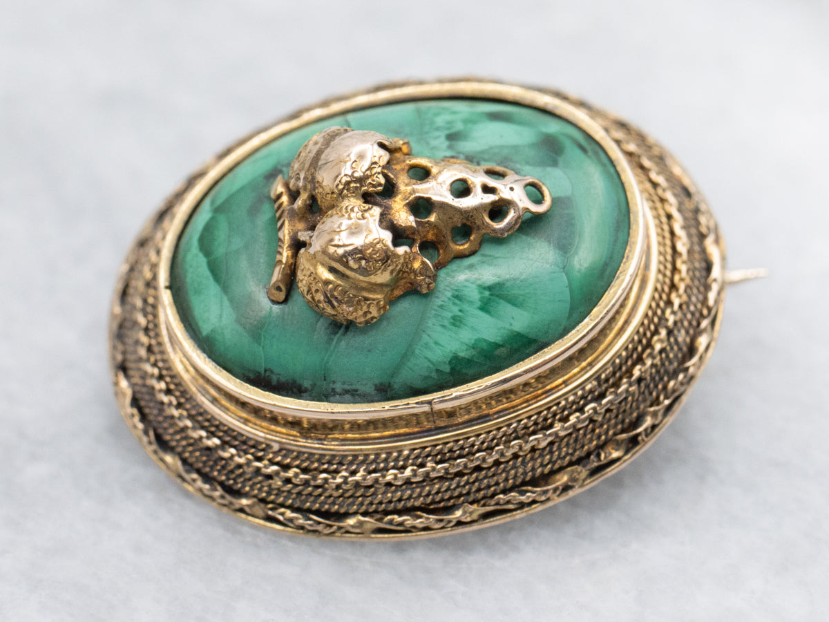 Antique Gold Malachite Grape Bunch Brooch