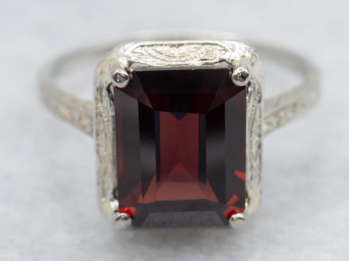Art Deco Etched Garnet Solitaire Ring