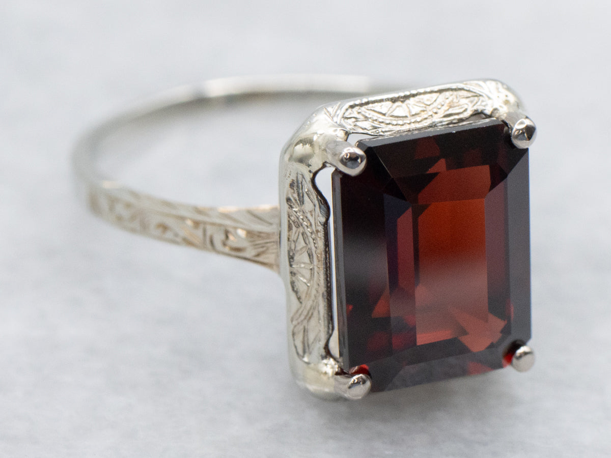 Art Deco Etched Garnet Solitaire Ring