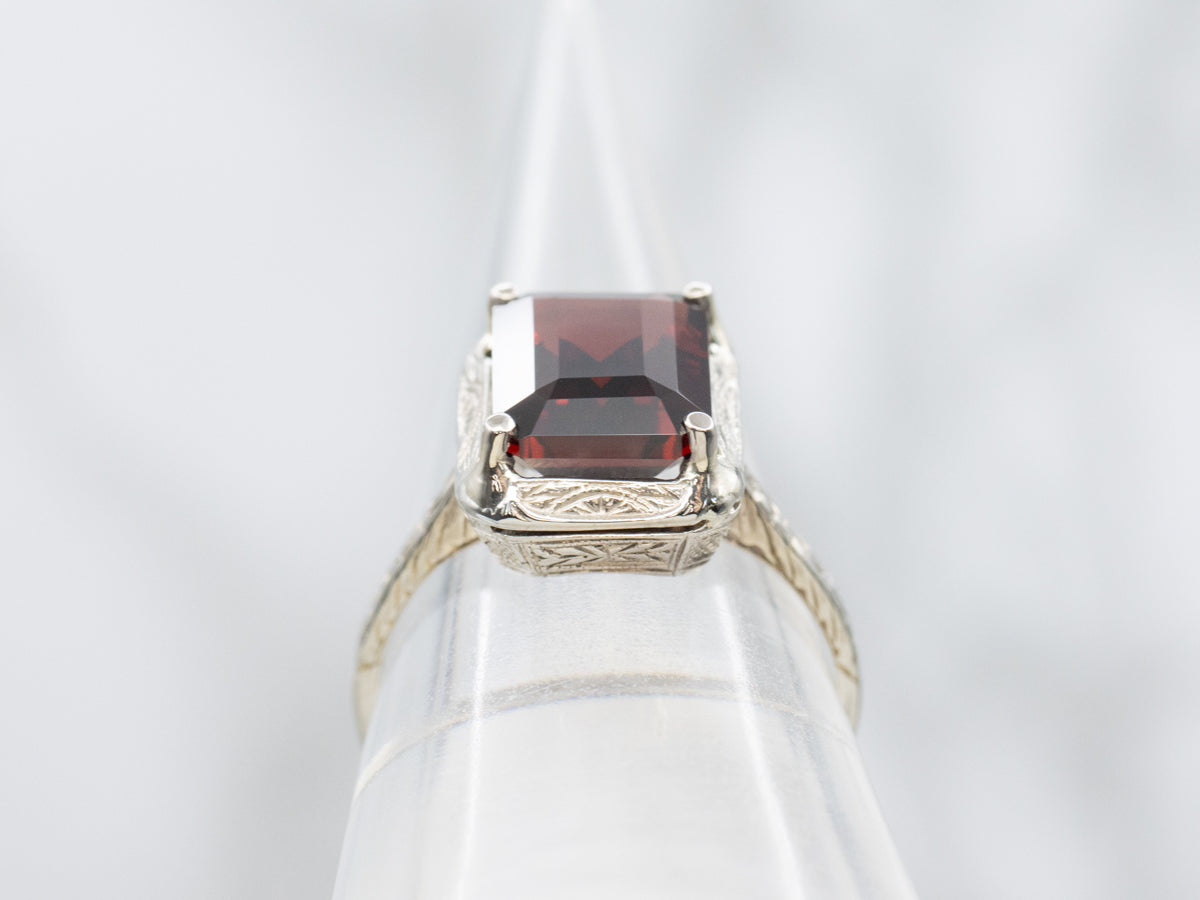 Art Deco Etched Garnet Solitaire Ring