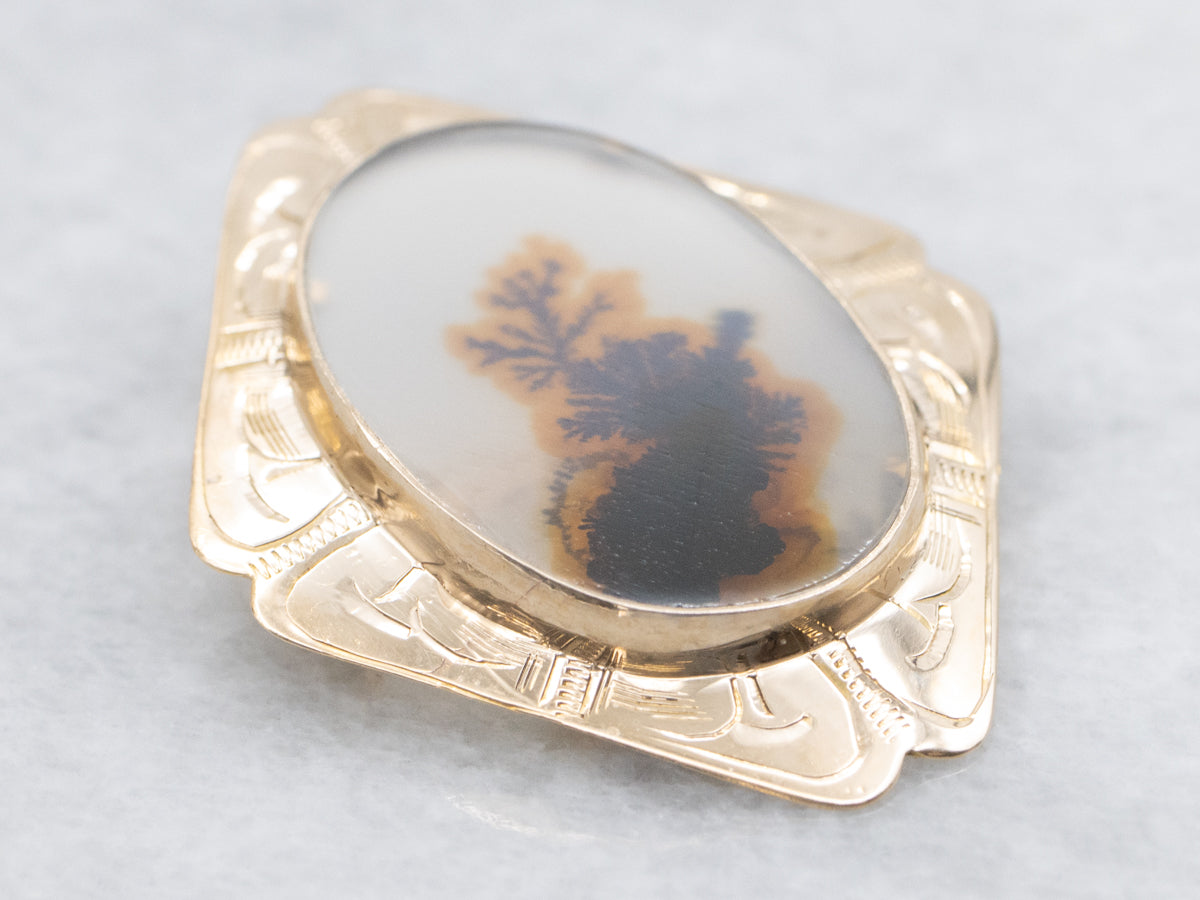 Dendritic Agate Vintage Gold Brooch