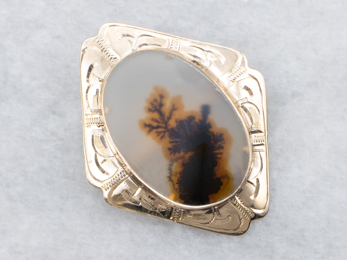 Dendritic Agate Vintage Gold Brooch
