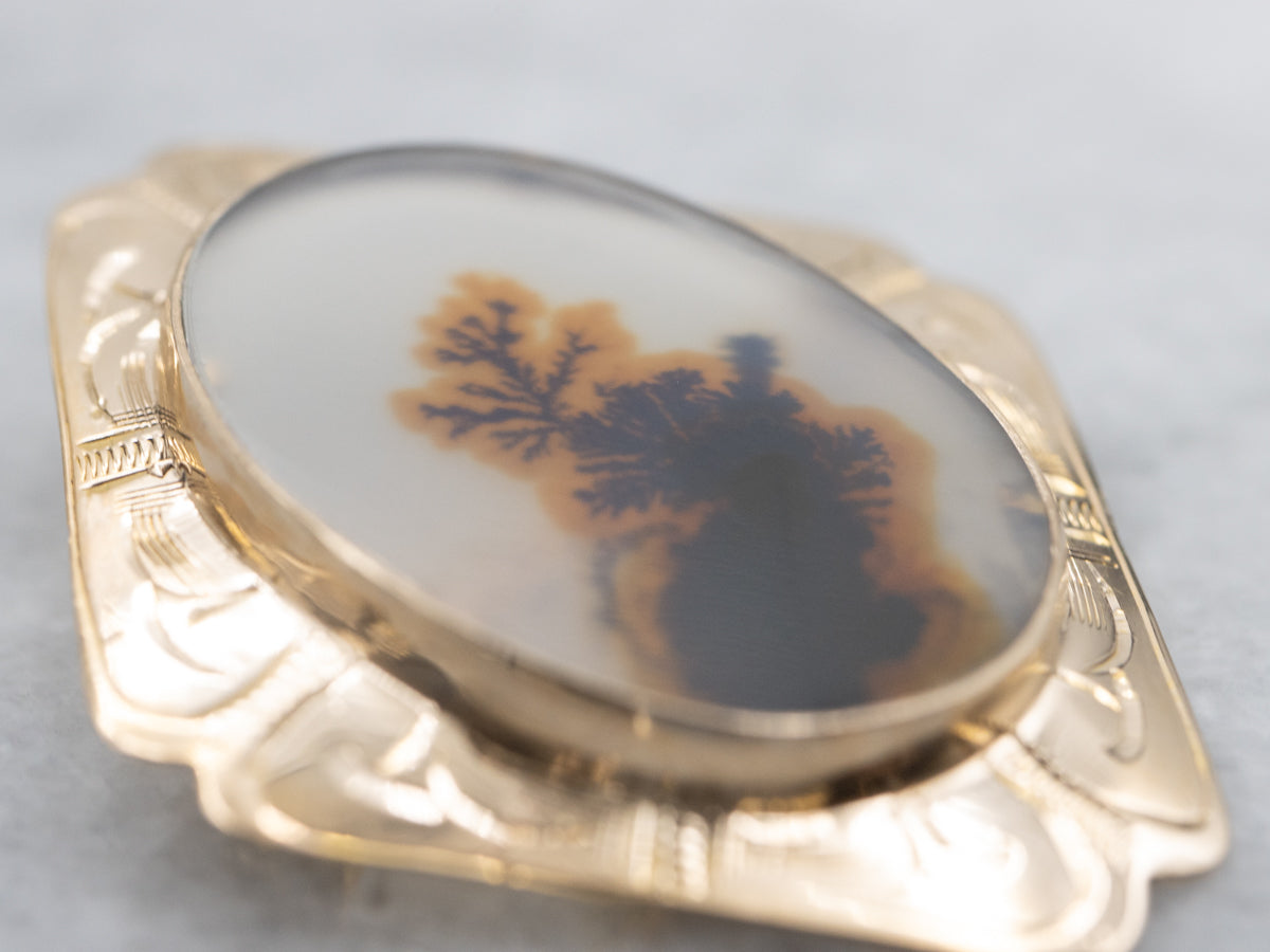Dendritic Agate Vintage Gold Brooch