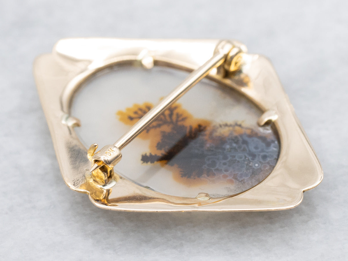 Dendritic Agate Vintage Gold Brooch