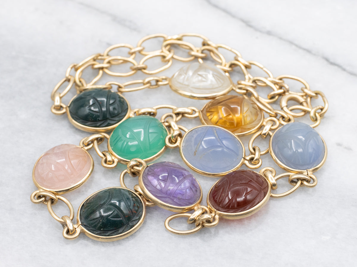 Carved Multi Stone Scarab Beetle Link Necklace