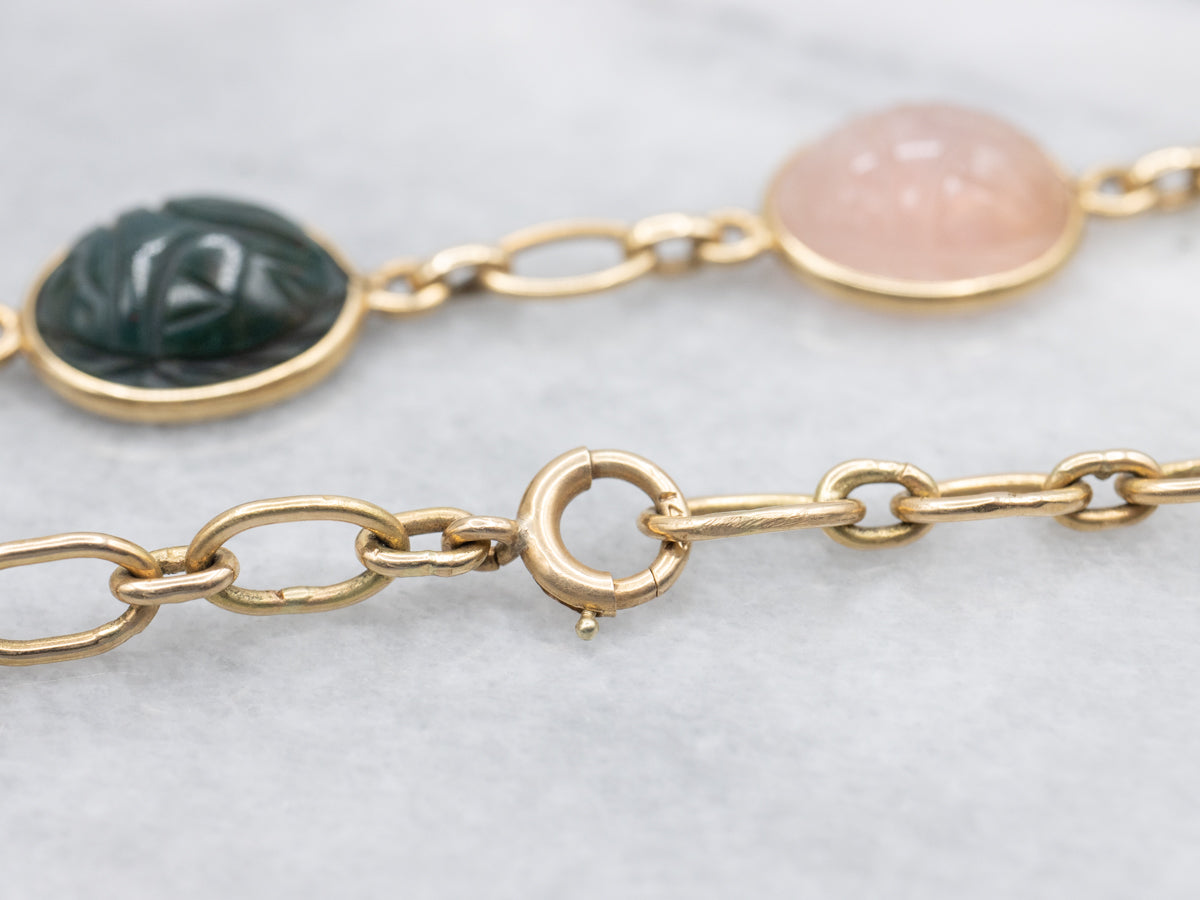 Carved Multi Stone Scarab Beetle Link Necklace