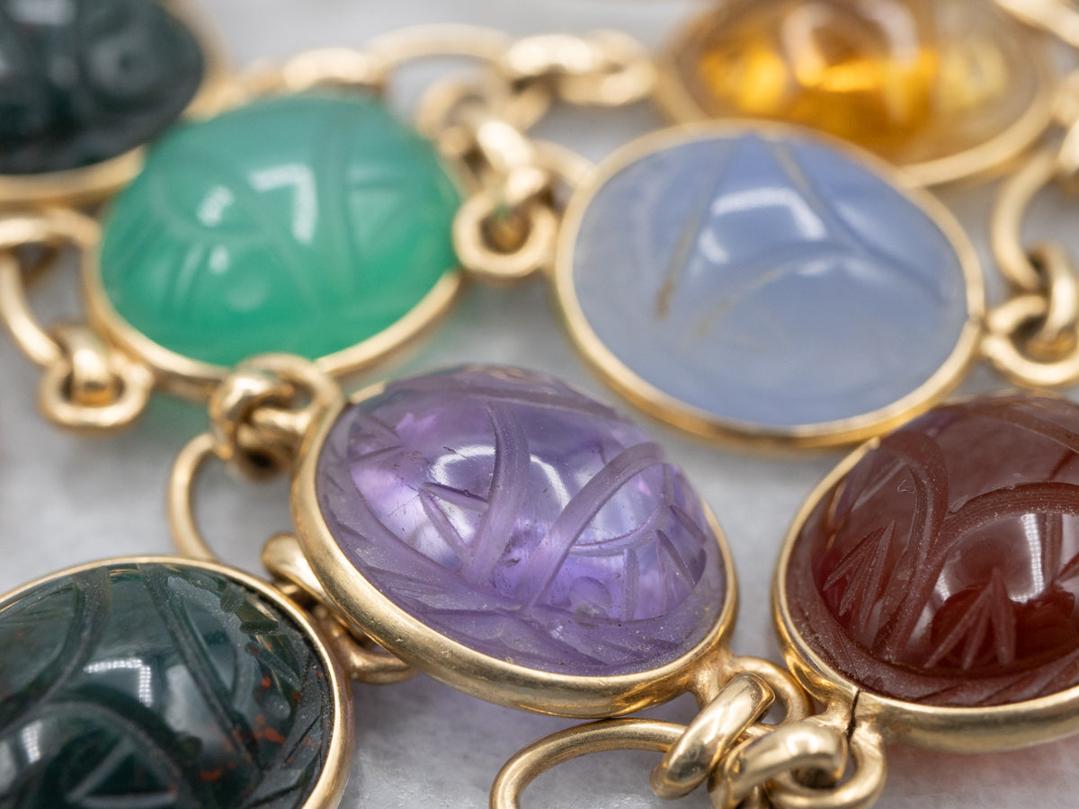 Carved Multi Stone Scarab Beetle Link Necklace