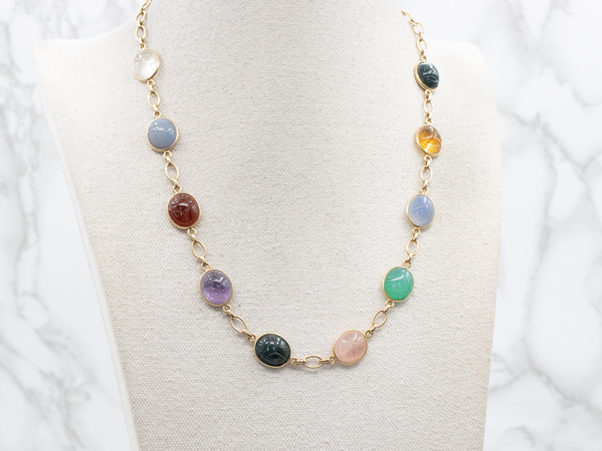 Carved Multi Stone Scarab Beetle Link Necklace