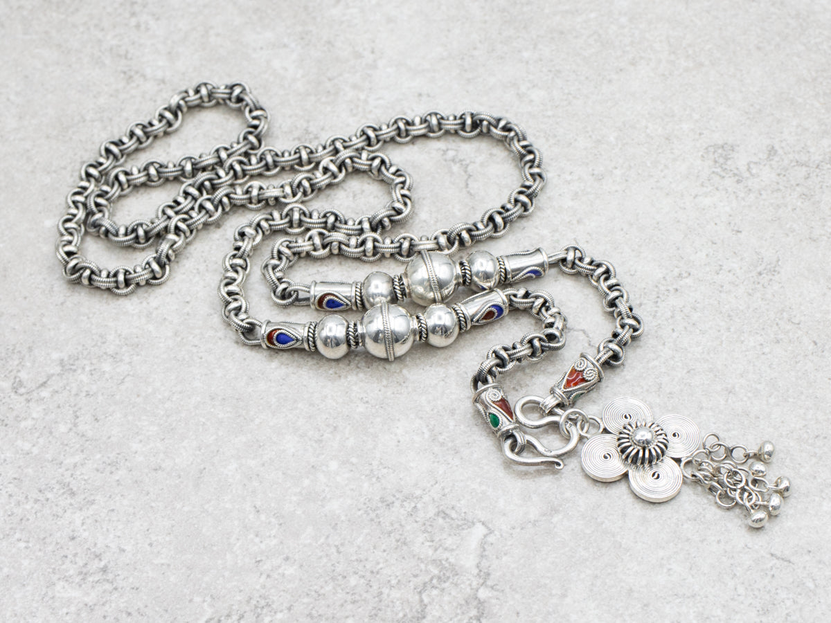 Sterling Silver Bohemian Beaded Necklace with Enamel Details and Floral Tassel