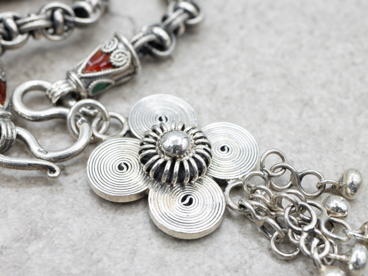 Sterling Silver Bohemian Beaded Necklace with Enamel Details and Floral Tassel