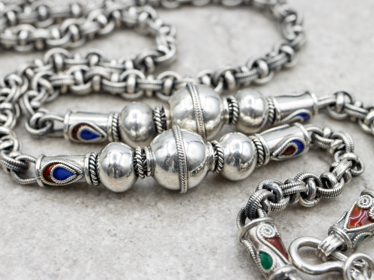 Sterling Silver Bohemian Beaded Necklace with Enamel Details and Floral Tassel