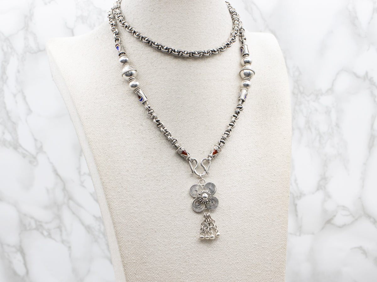 Sterling Silver Bohemian Beaded Necklace with Enamel Details and Floral Tassel