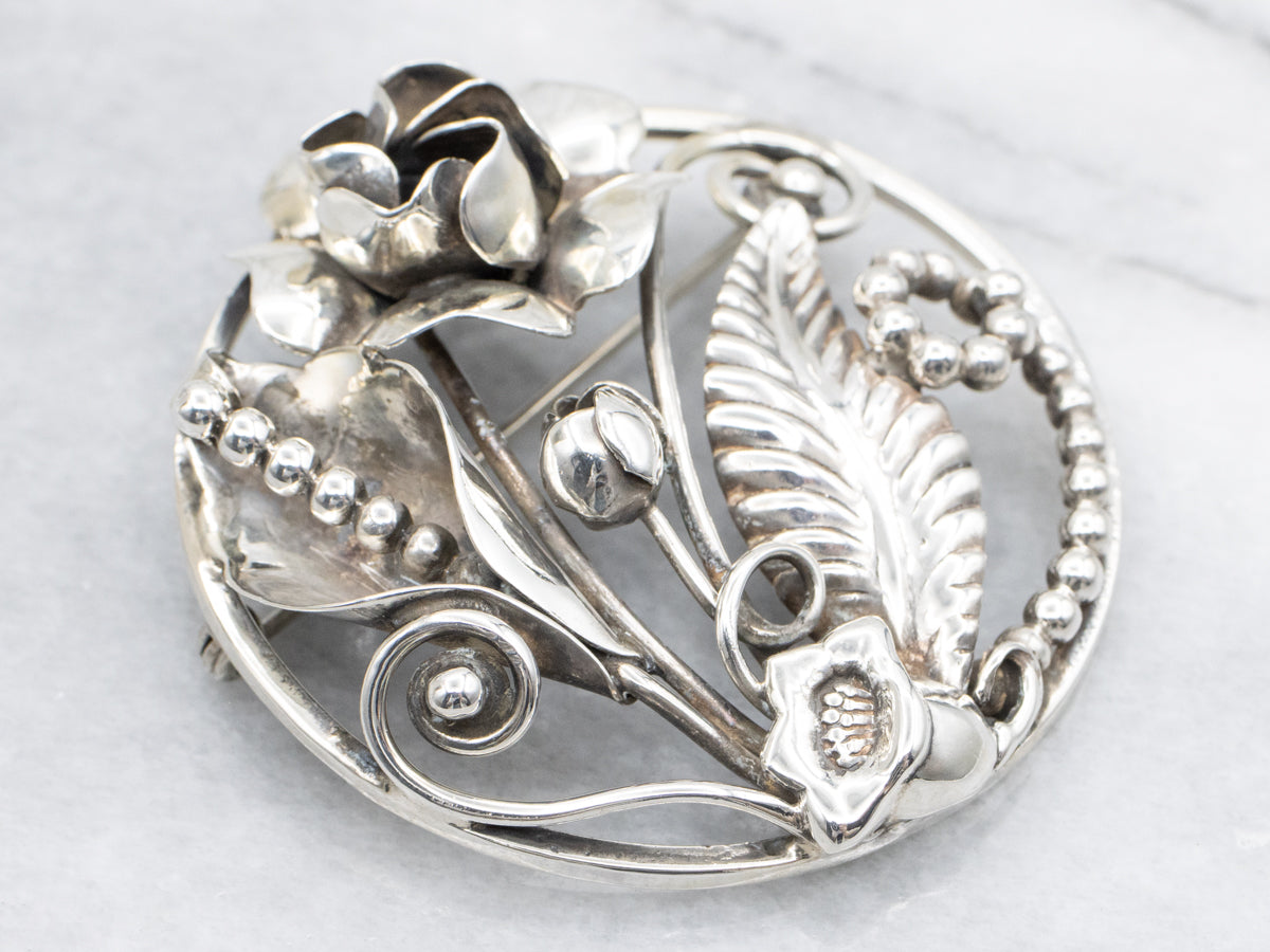 Vintage Sterling Silver Botanical Circle Pin