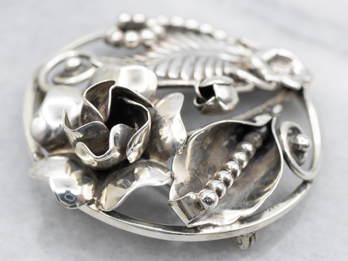 Vintage Sterling Silver Botanical Circle Pin