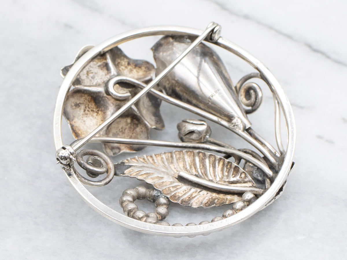 Vintage Sterling Silver Botanical Circle Pin
