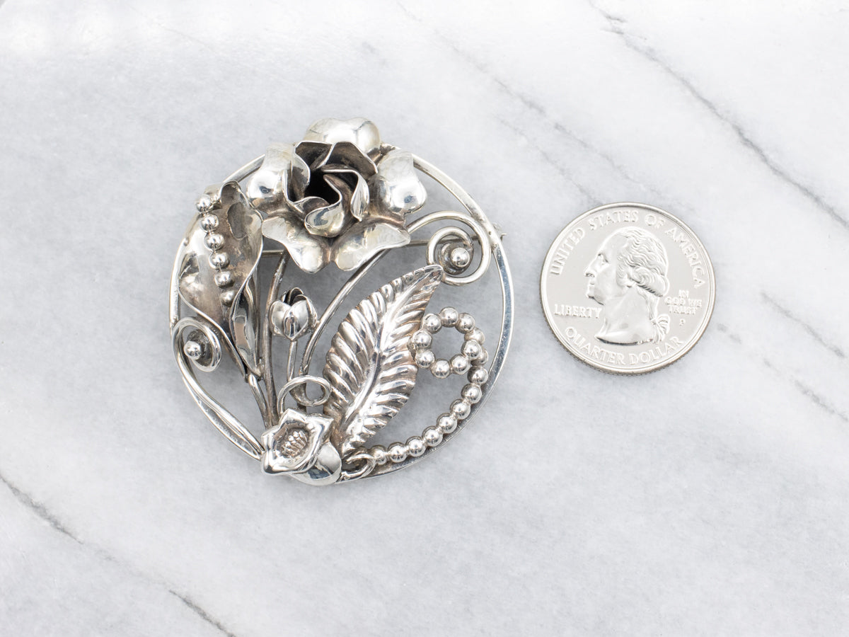 Vintage Sterling Silver Botanical Circle Pin