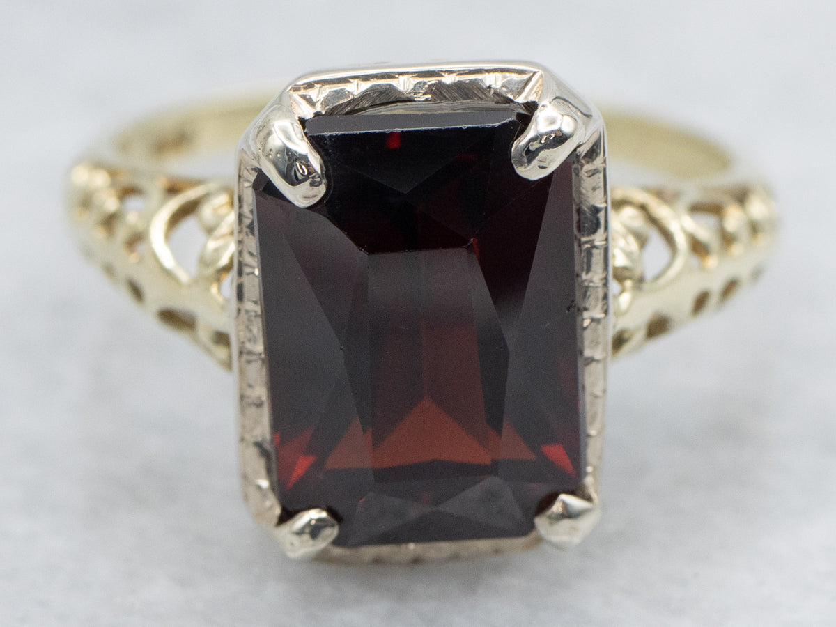 Garnet and Gold Filigree Solitaire Ring
