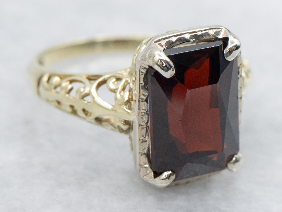 Garnet and Gold Filigree Solitaire Ring