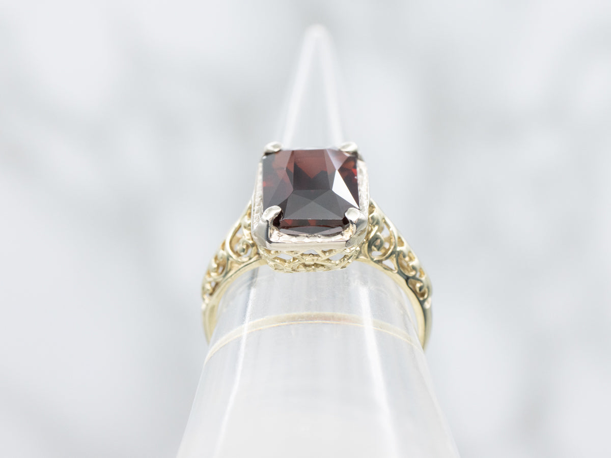 Garnet and Gold Filigree Solitaire Ring