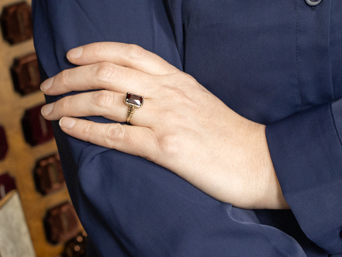 Garnet and Gold Filigree Solitaire Ring