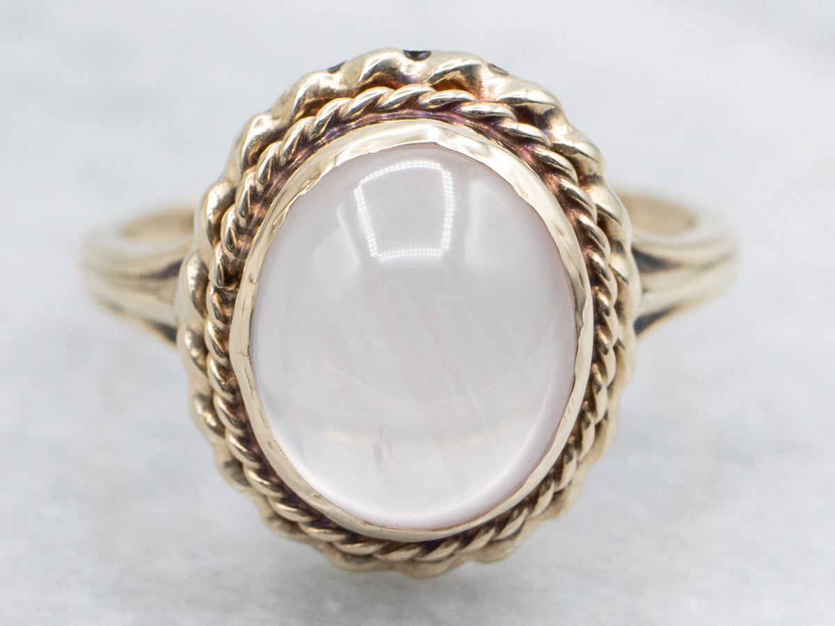 Rose Quartz Cabochon Ring in Vintage Rope Twist Setting