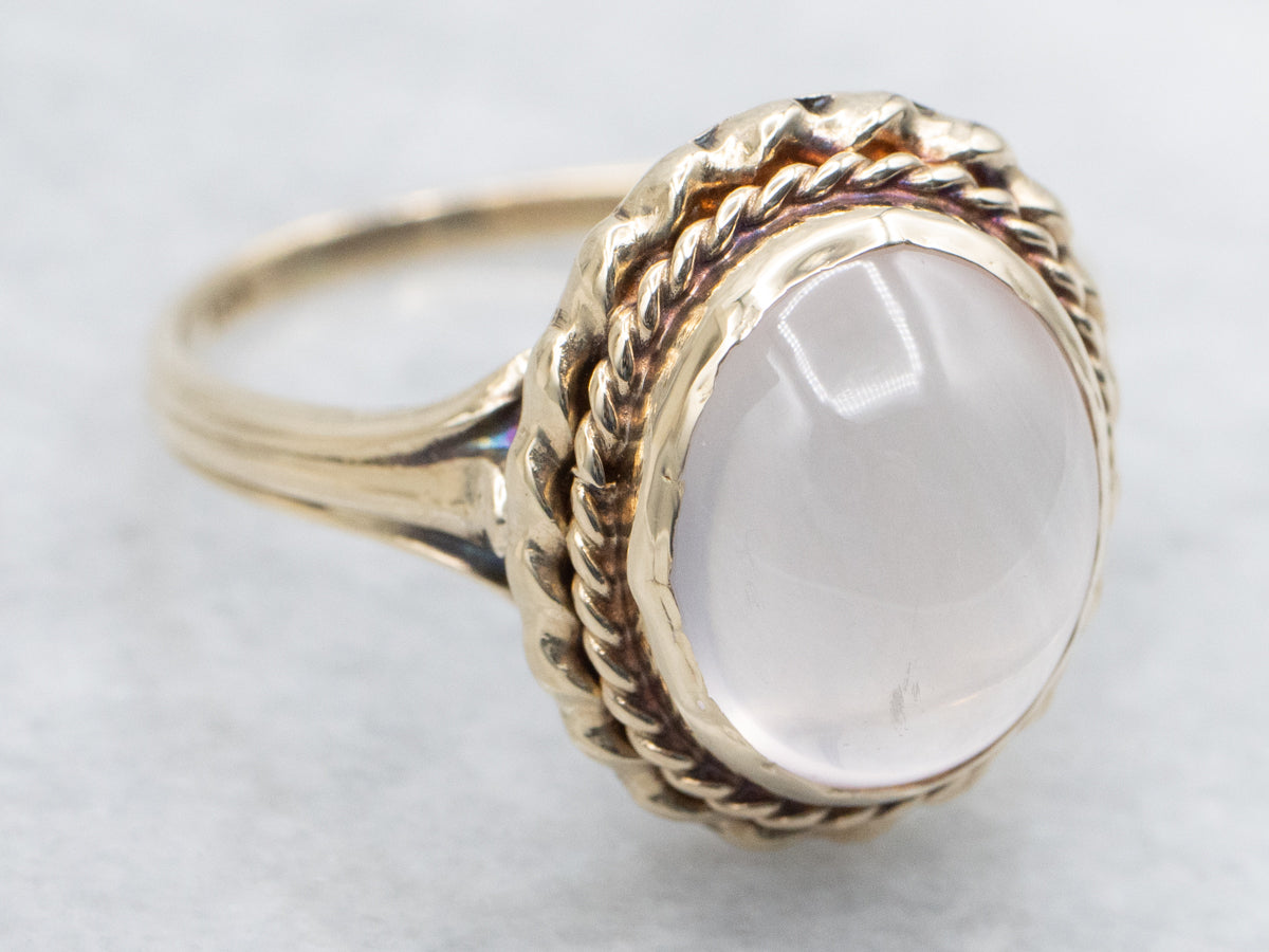 Rose Quartz Cabochon Ring in Vintage Rope Twist Setting