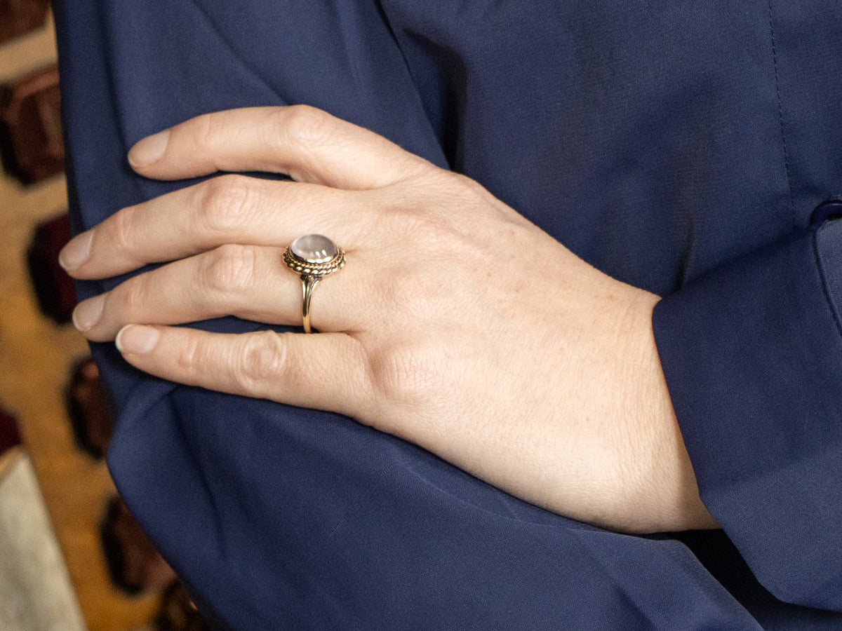 Rose Quartz Cabochon Ring in Vintage Rope Twist Setting