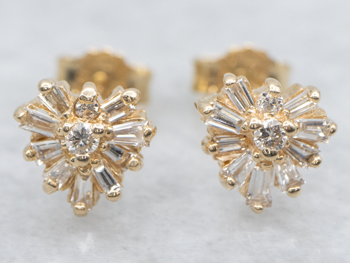 Yellow Gold Mixed-Cut Diamond Cluster Stud Earrings