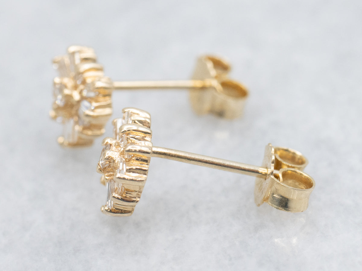 Yellow Gold Mixed-Cut Diamond Cluster Stud Earrings
