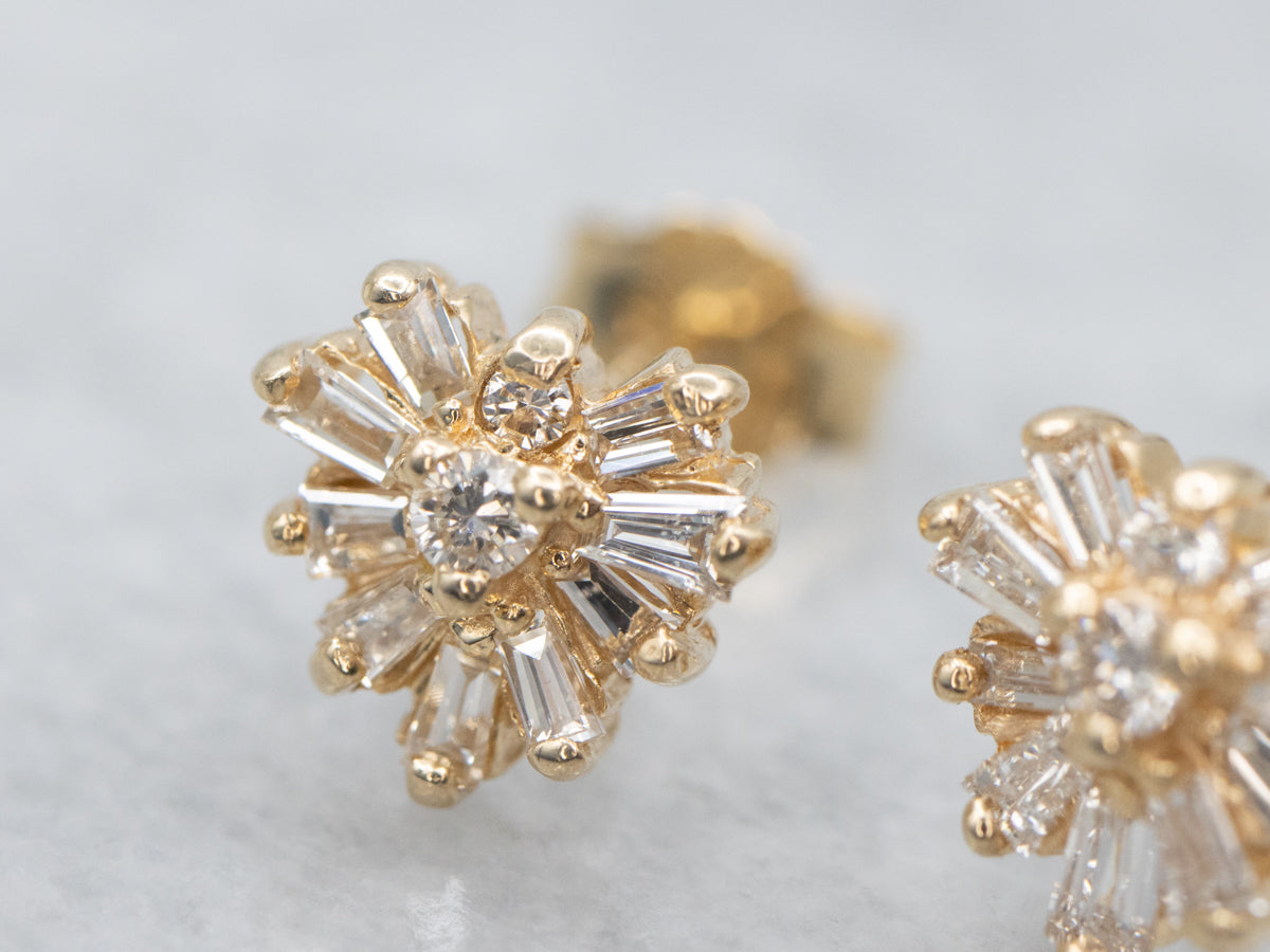Yellow Gold Mixed-Cut Diamond Cluster Stud Earrings