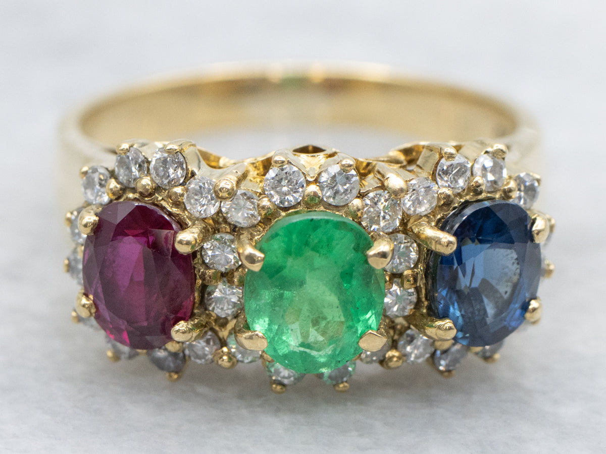 Ruby Emerald Sapphire and Diamond Halo Ring