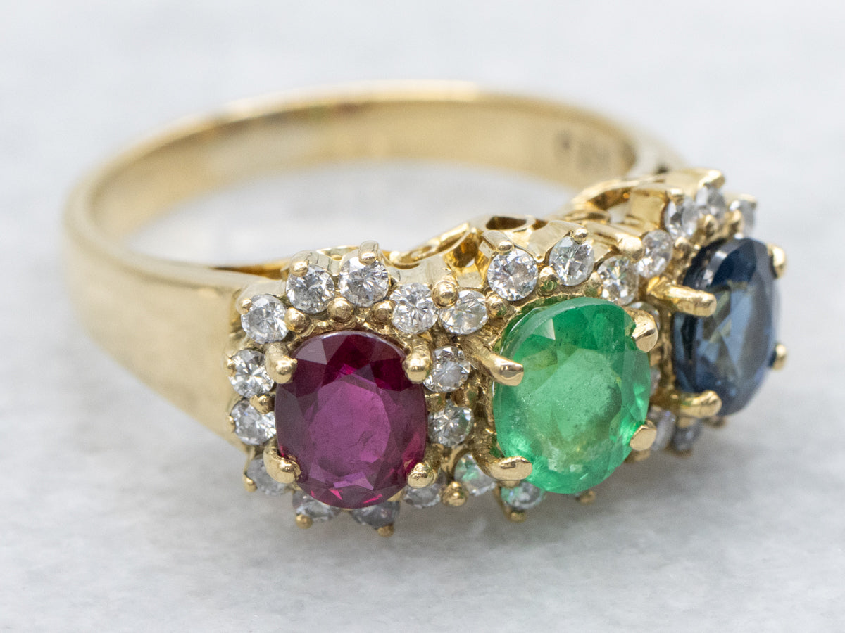 Ruby Emerald Sapphire and Diamond Halo Ring