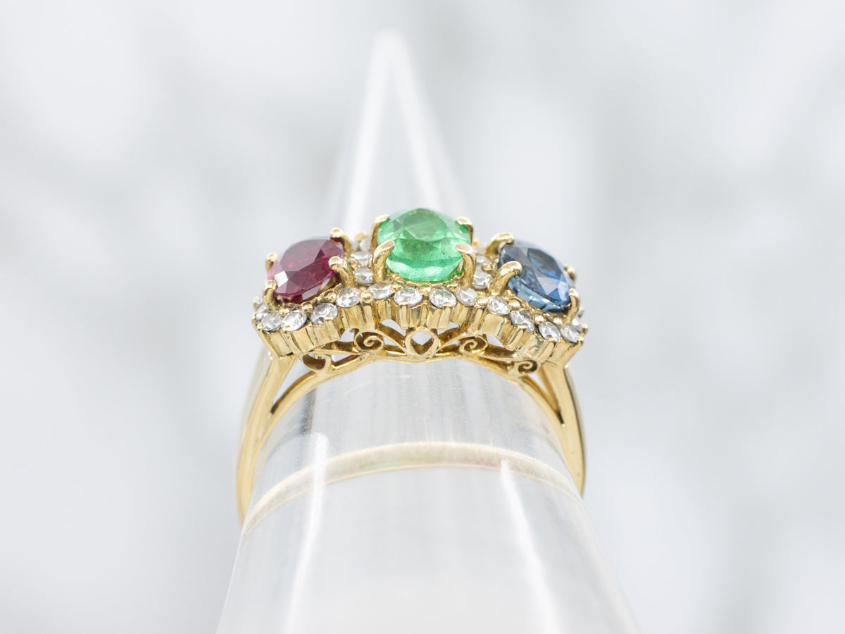 Ruby Emerald Sapphire and Diamond Halo Ring