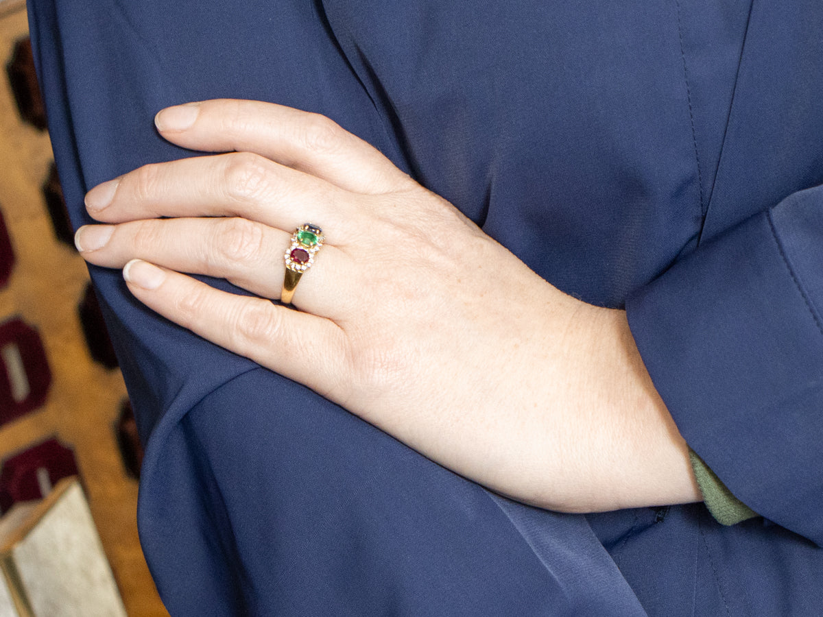 Ruby Emerald Sapphire and Diamond Halo Ring