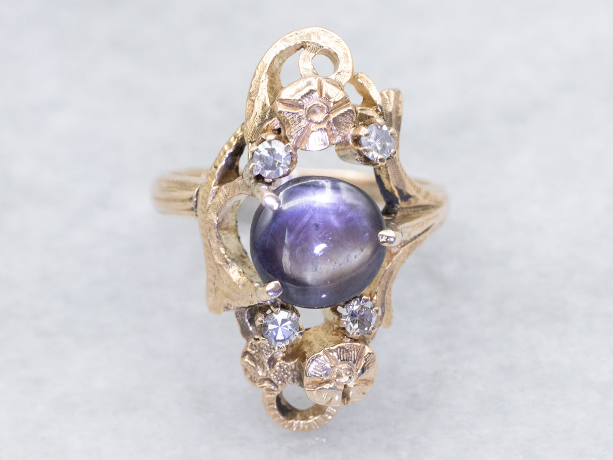 Rare 12-Ray Black Star Sapphire and Diamond Floral Dinner Ring