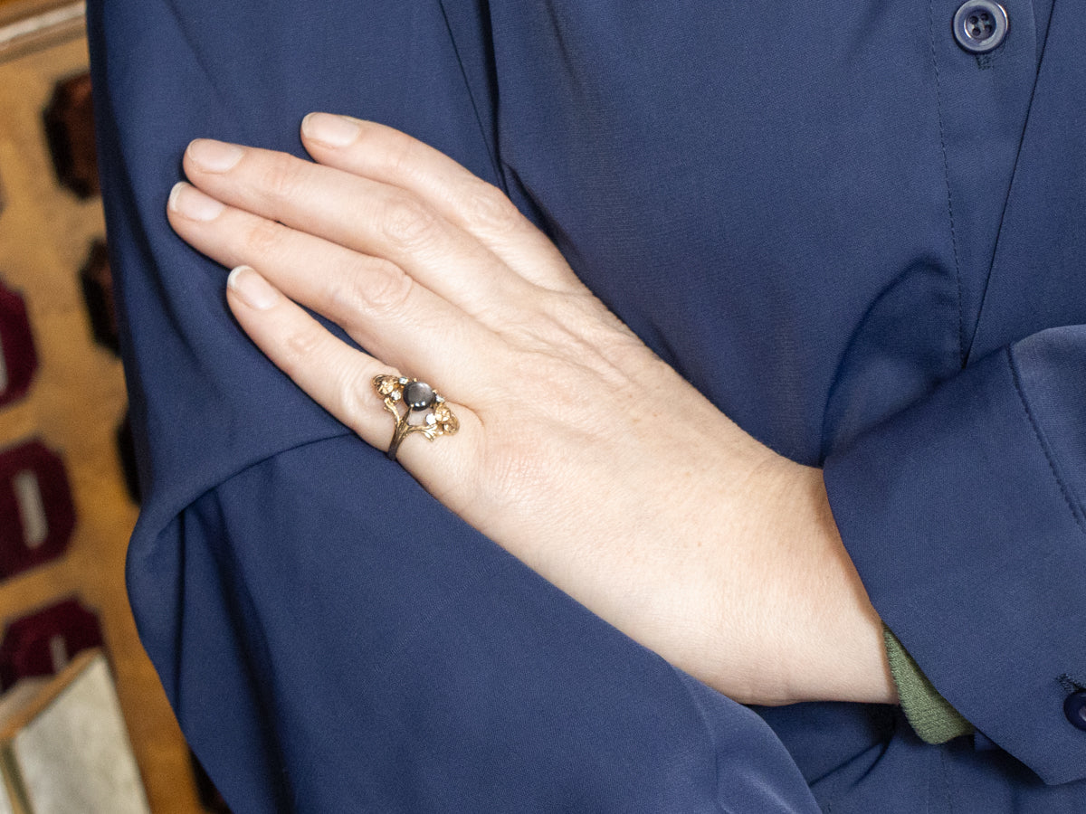 Rare 12-Ray Black Star Sapphire and Diamond Floral Dinner Ring