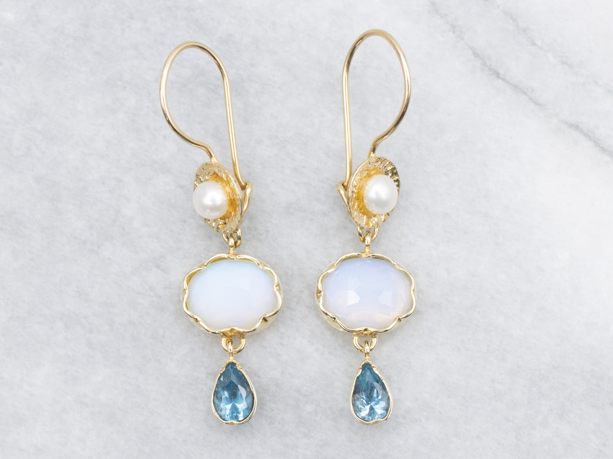 Modern Gold Glass Opalite Freshwater Pearl and Blue Topaz Drop Earrings