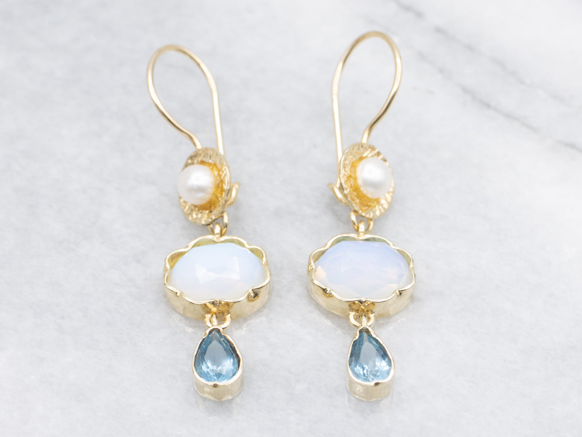 Modern Gold Glass Opalite Freshwater Pearl and Blue Topaz Drop Earrings