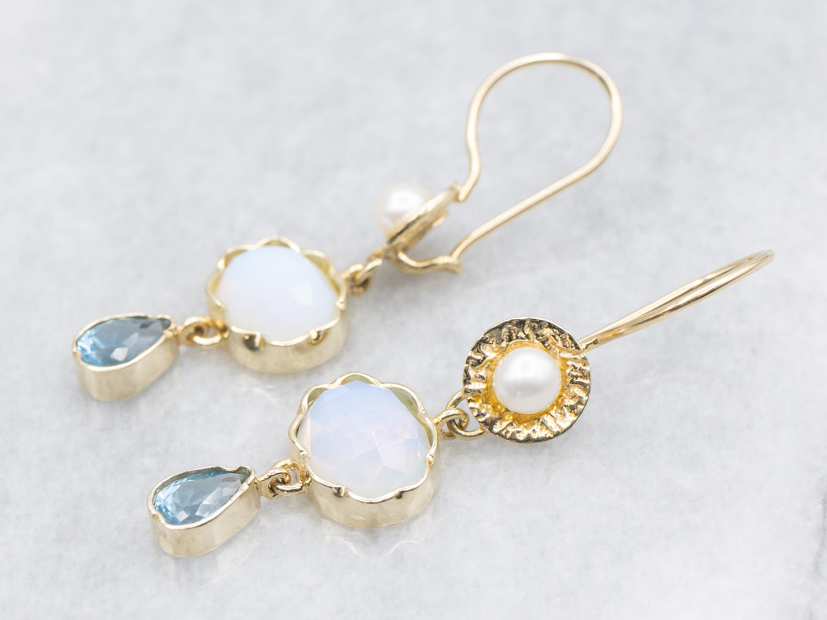 Modern Gold Glass Opalite Freshwater Pearl and Blue Topaz Drop Earrings