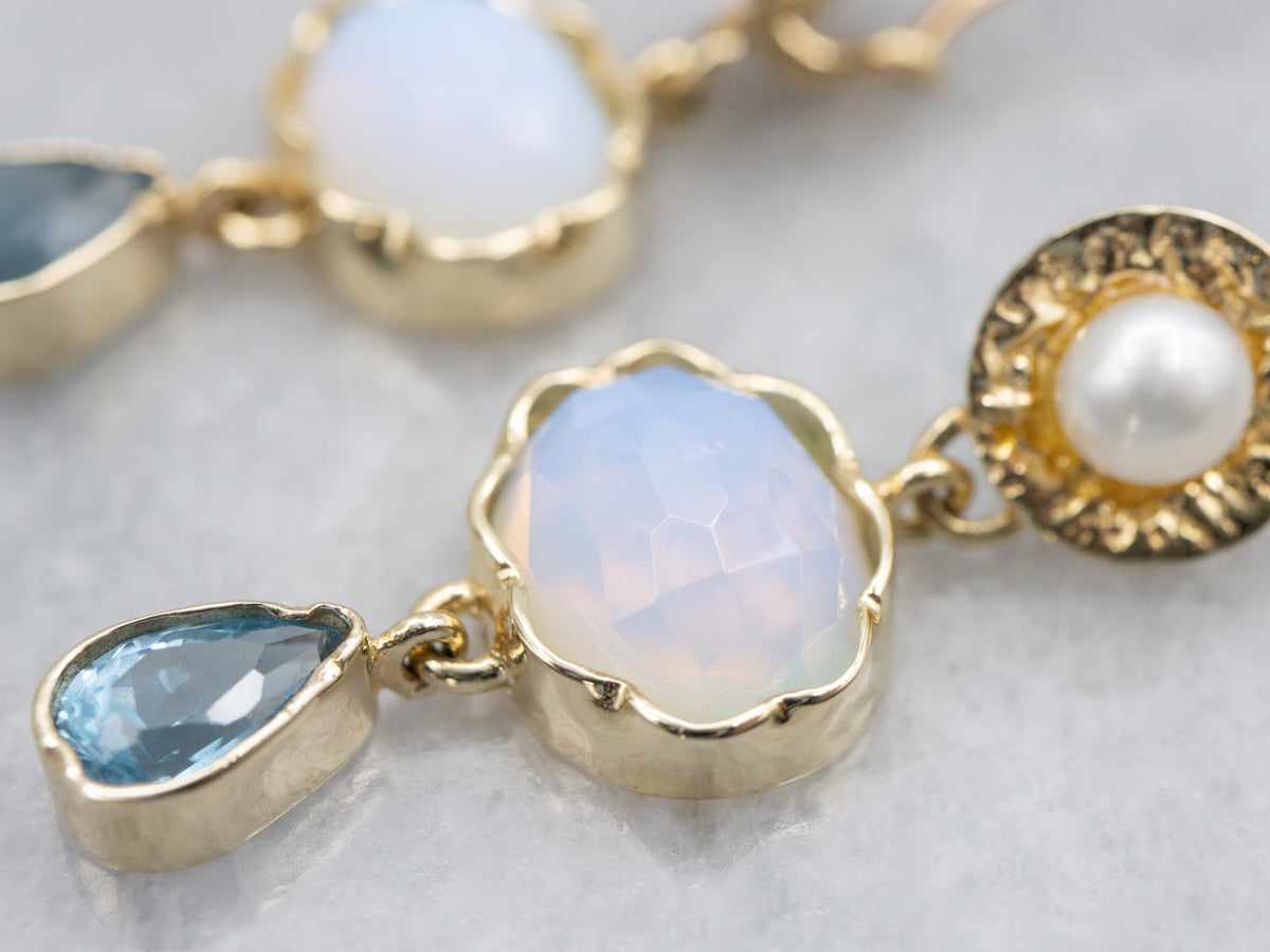 Modern Gold Glass Opalite Freshwater Pearl and Blue Topaz Drop Earrings
